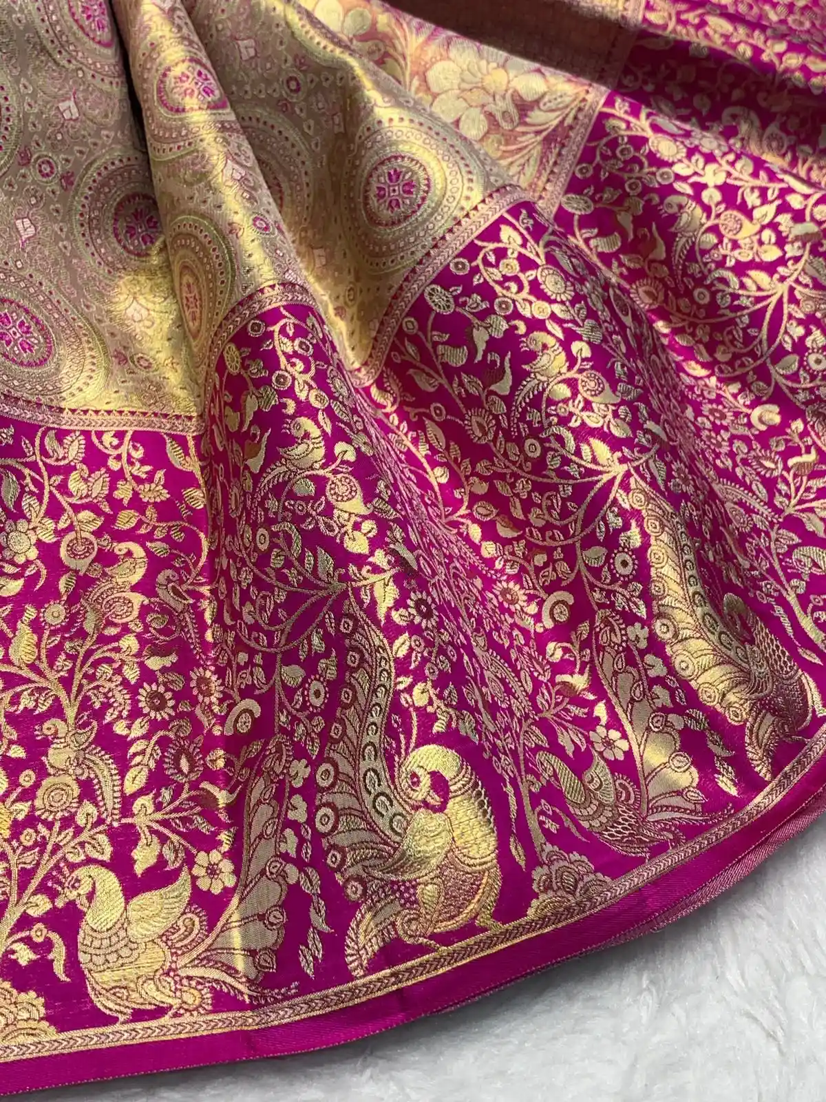 Peach Maroon Kanchipuram Handloom Bridal Silk Saree